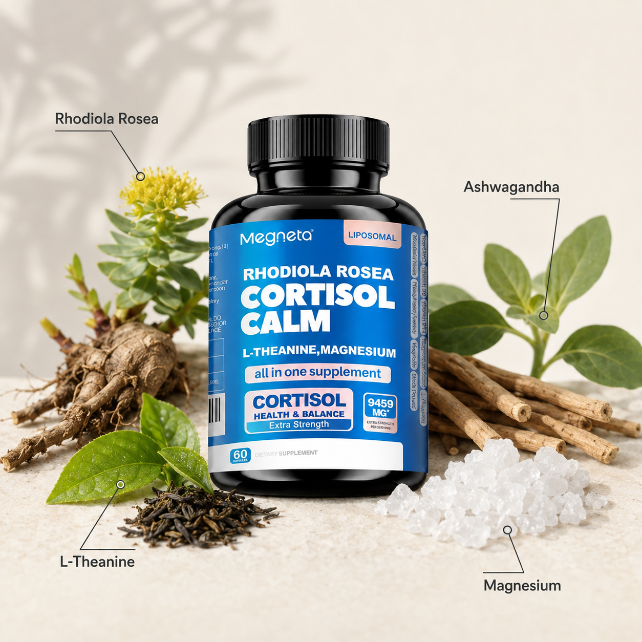 Calmora™ Cortisol Calm – Stress & Mood Support (Rhodiola, Ashwagandha, L-Theanine, Magnesium)