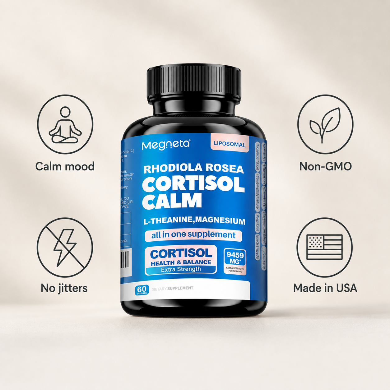 Calmora™ Cortisol Calm – Stress & Mood Support (Rhodiola, Ashwagandha, L-Theanine, Magnesium)