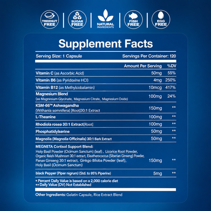 Calmora™ Cortisol Calm – Stress & Mood Support (Rhodiola, Ashwagandha, L-Theanine, Magnesium)
